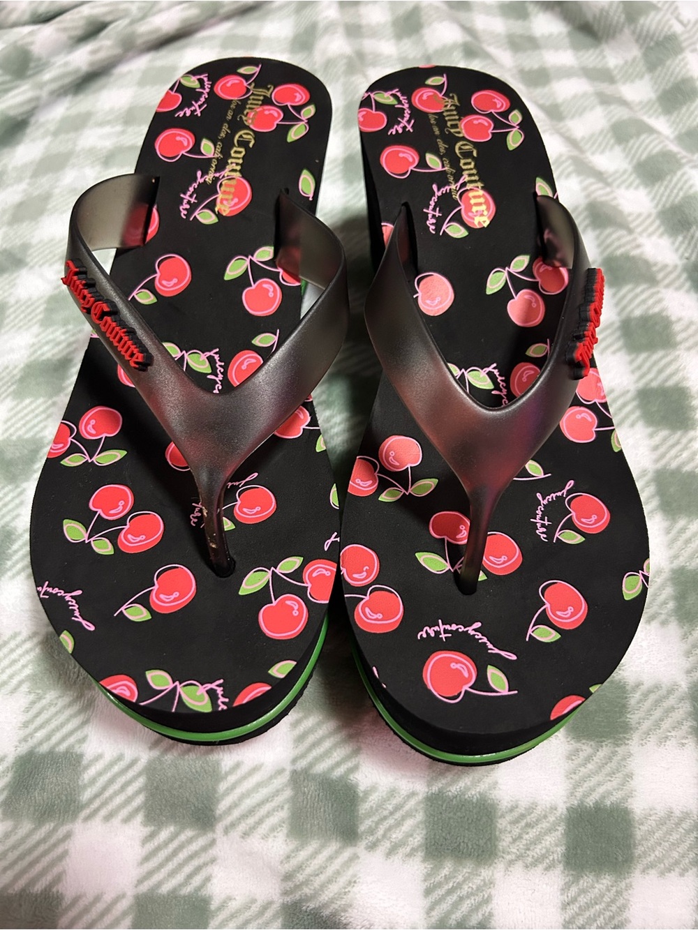 Juicy Couture Black Flip Flops wedges with Red Cherry Print